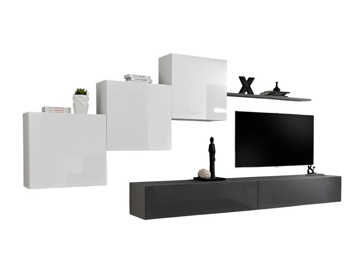 Ensemble meuble salon mural SWITCH X design, coloris gris et blanc brillant.