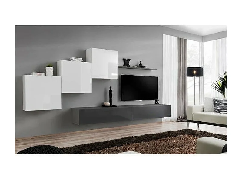 Ensemble meuble salon mural SWITCH X design, coloris gris et blanc brillant.
