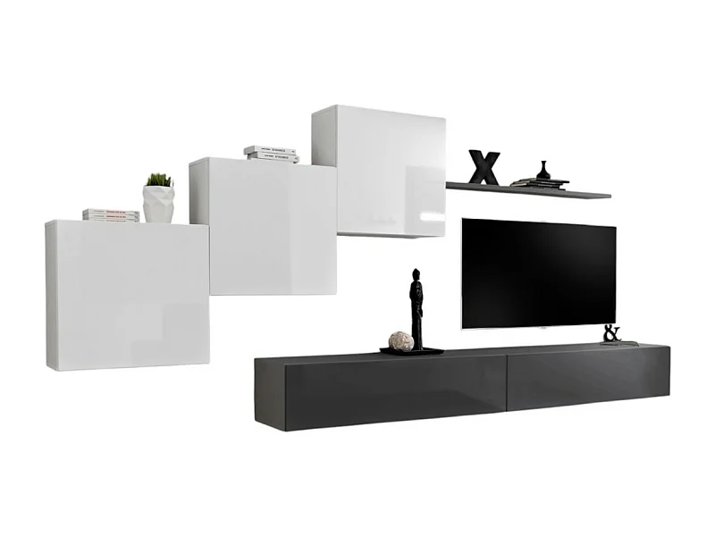 Ensemble meuble salon mural SWITCH X design, coloris gris et blanc brillant.