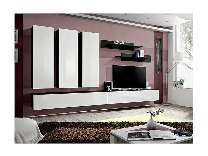 Meuble TV FLY E1 design, coloris noir et blanc brillant. Meuble suspendu moderne et tendance pour votre salon.