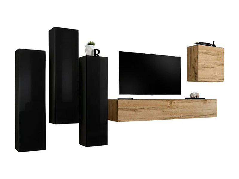 Design-Wohnzimmermöbelset, Kollektion SWITCH III. Farbe glänzend Schwarz und Wotan-Eiche.