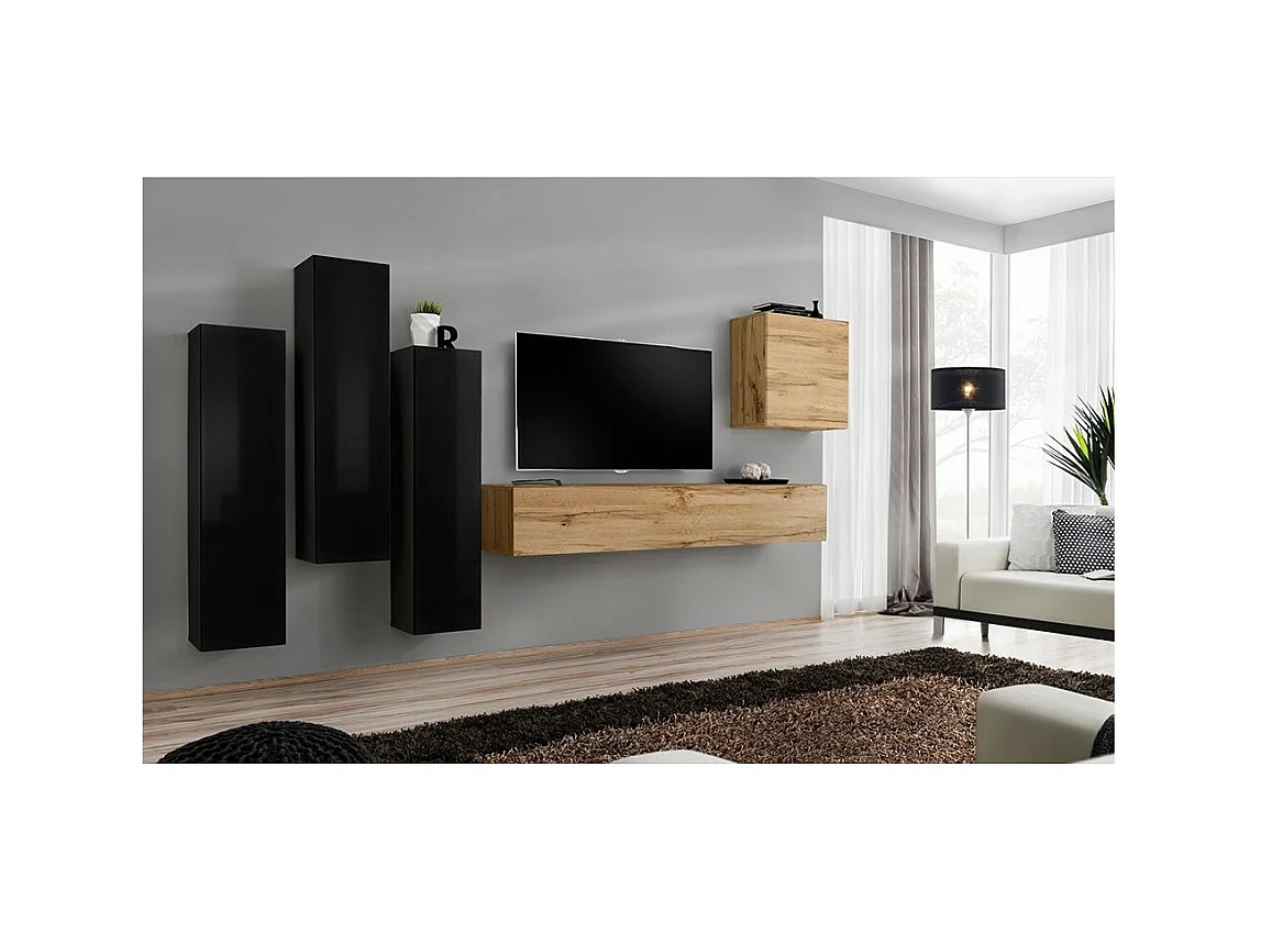 Conjunto de móveis para sala de estar, coleção SWITCH III. Cores em preto brilhante e carvalho Wotan.