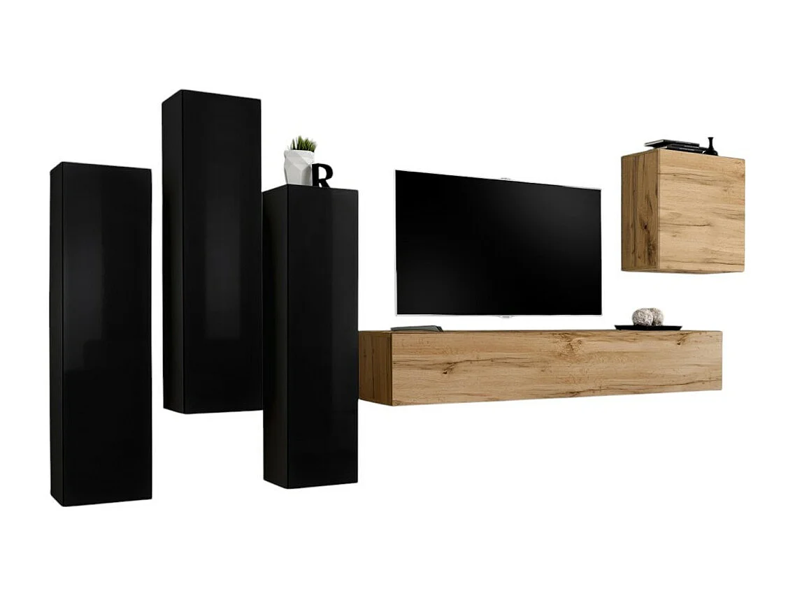 Ensemble de meubles de salon design collection SWITCH III. Coloris noir brillant et chêne Wotan