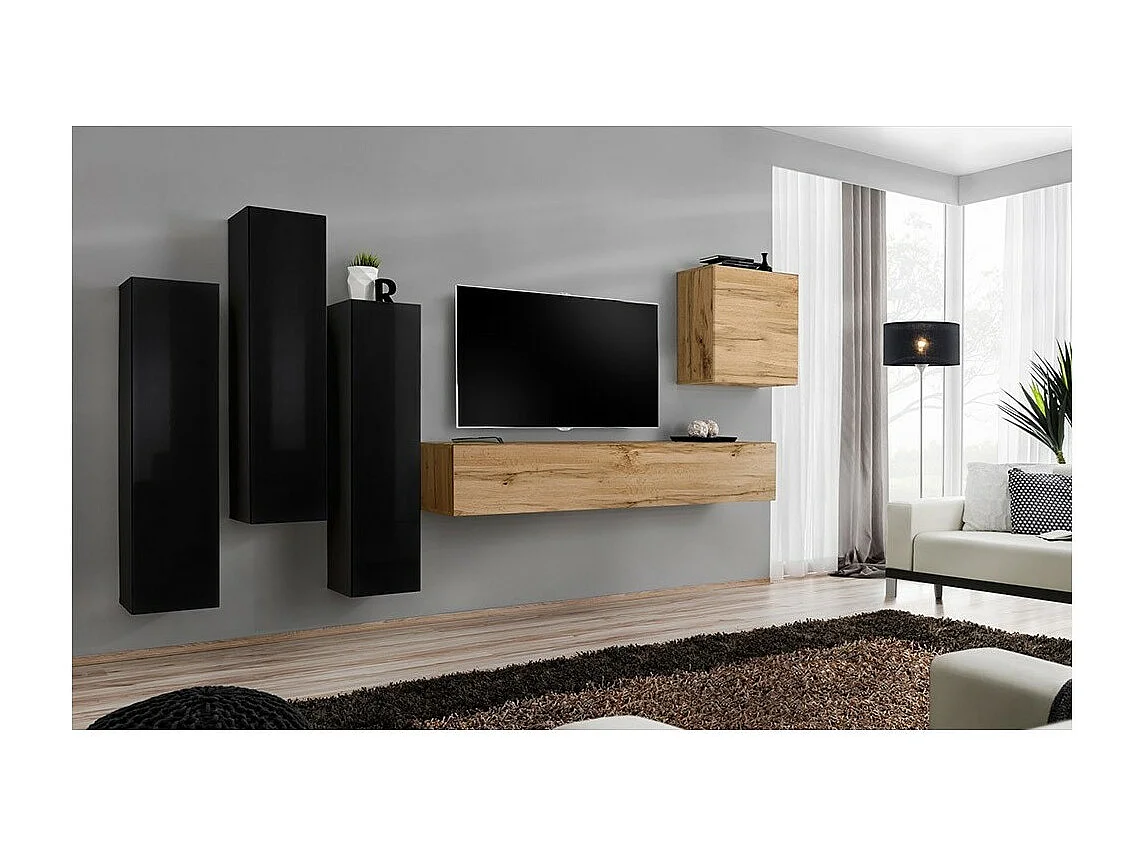 Ensemble de meubles de salon design collection SWITCH III. Coloris noir brillant et chêne Wotan