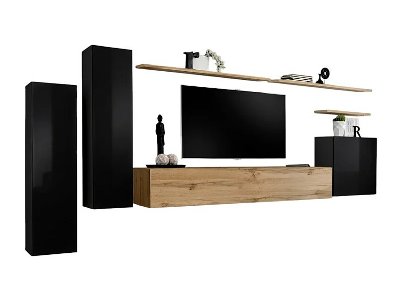 Ensemble meuble salon SWITCH I design, coloris noir brillant et chêne Wotan.