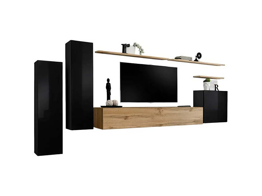 Conjunto de móveis para sala SWITCH I design, cor preto brilhante e carvalho Wotan.