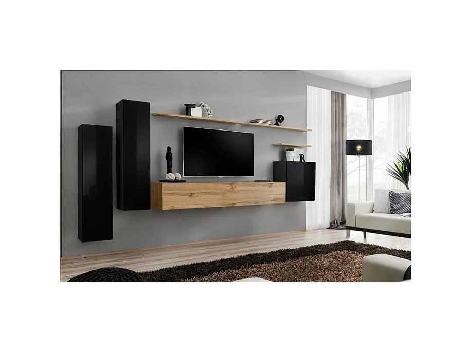 Conjunto de móveis para sala SWITCH I design, cor preto brilhante e carvalho Wotan.