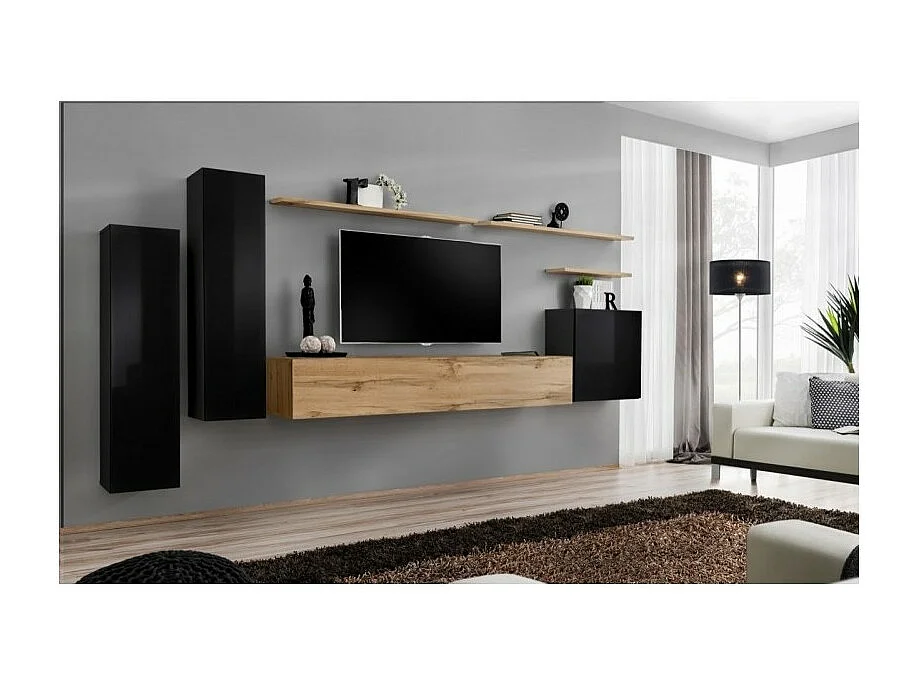 Set di mobili da salotto SWITCH I design, colore nero lucido e rovere Wotan.