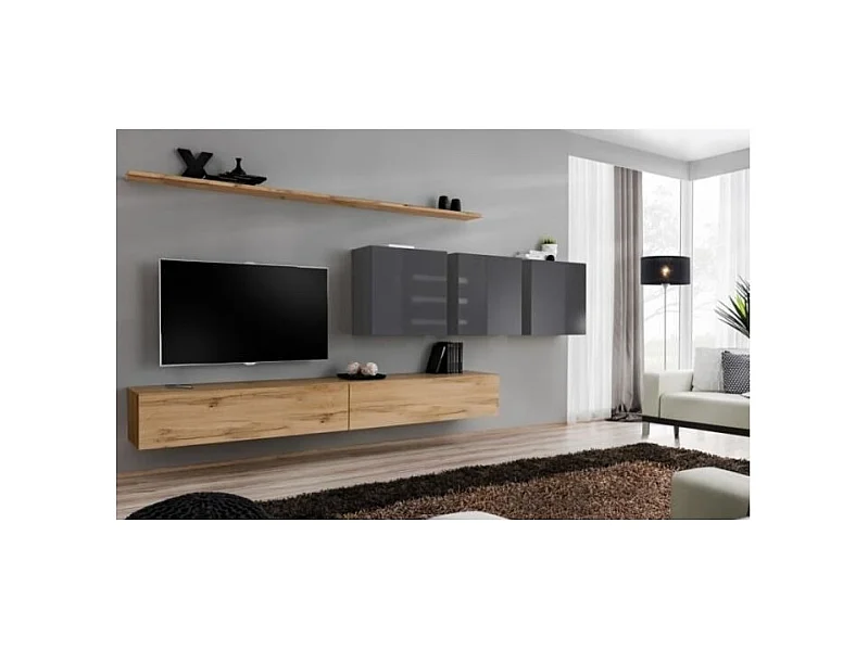 Woonkamermeubelset SWITCH VII design, in Wotan eiken en glanzend grijs.