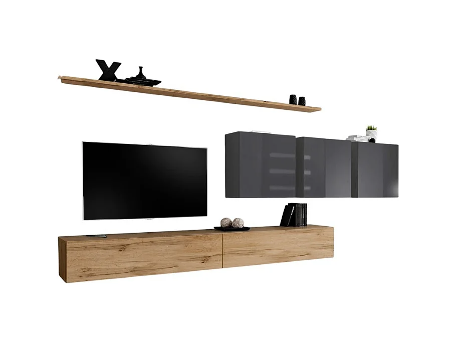 Ensemble meuble salon SWITCH VII design, coloris chêne Wotan et gris brillant.