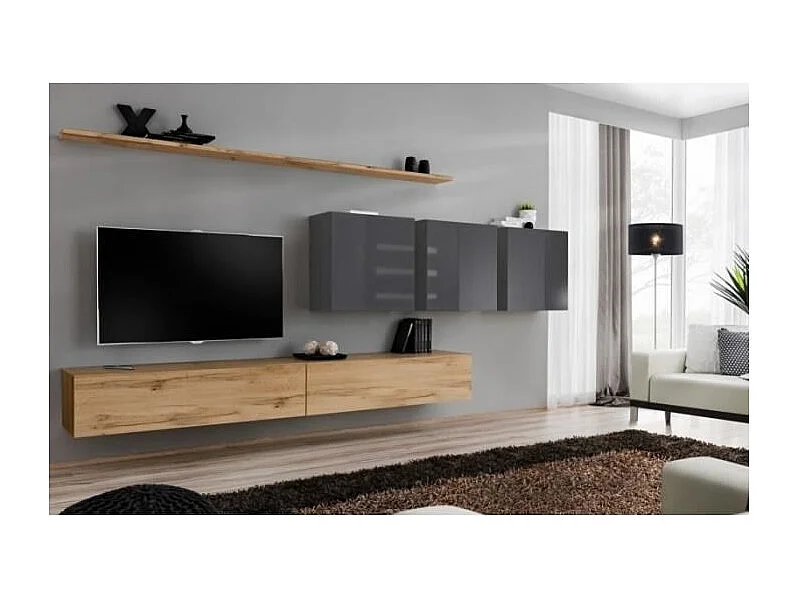Ensemble meuble salon SWITCH VII design, coloris chêne Wotan et gris brillant.