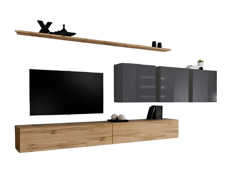 Ensemble meuble salon SWITCH VII design, coloris chêne Wotan et gris brillant.