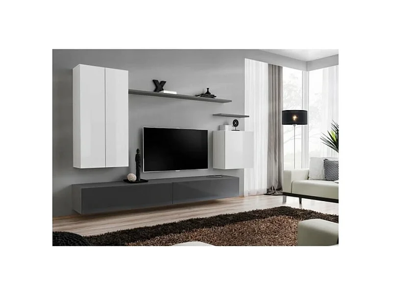 Conjunto de móveis para sala SWITCH II design, cores branco e cinza brilhante.