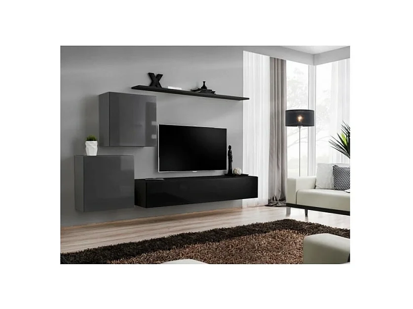 Wohnzimmermöbelset SWITCH V Design, in glänzendem Schwarz und Grau.
