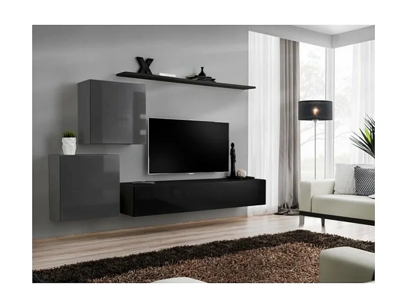 Ensemble meuble salon SWITCH V design, coloris noir et gris brillant.