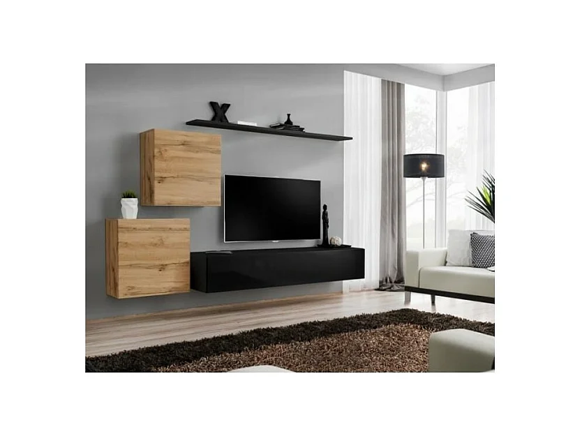 Wohnzimmermöbel-Set SWITCH V Design, in glänzendem Schwarz und Wotan-Eiche.