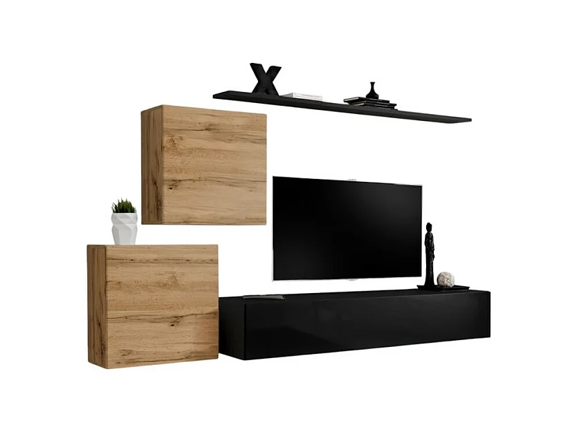 Ensemble meuble salon SWITCH V design, coloris noir brillant et chêne Wotan.