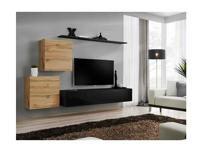 Ensemble meuble salon SWITCH V design, coloris noir brillant et chêne Wotan.