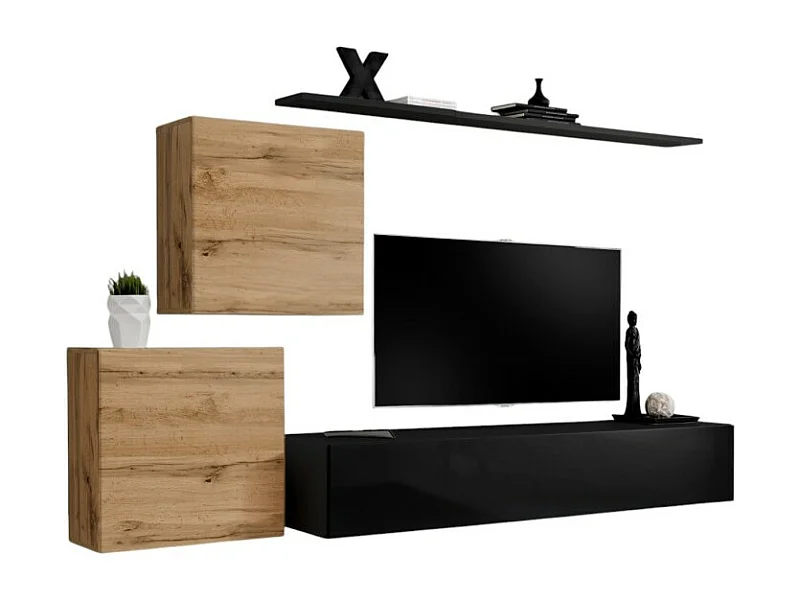 Ensemble meuble salon SWITCH V design, coloris noir brillant et chêne Wotan.