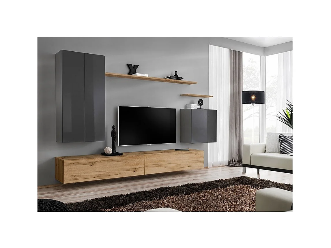 Woonkamer meubelset collectie SWITCH II design, in grijs en Wotan eiken kleur.