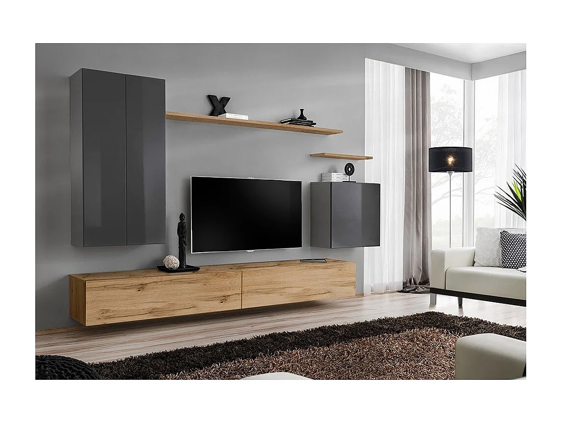 Woonkamer meubelset collectie SWITCH II design, in grijs en Wotan eiken kleur.