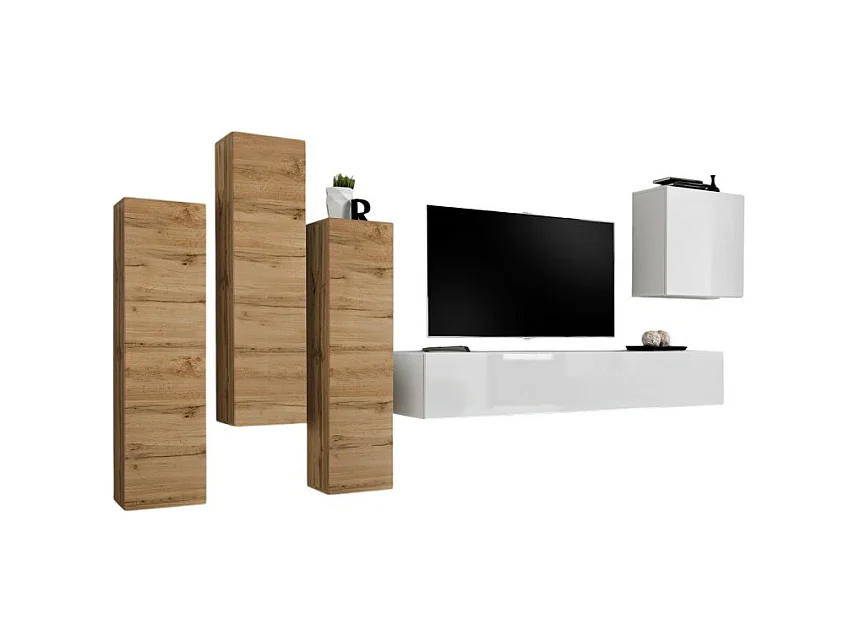 Ensemble de meubles de salon design collection SWITCH III. Coloris chêne wotan et blanc brillant.