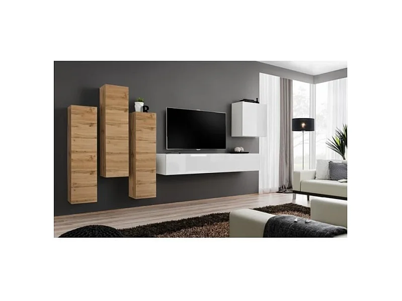 Ensemble de meubles de salon design collection SWITCH III. Coloris chêne wotan et blanc brillant.