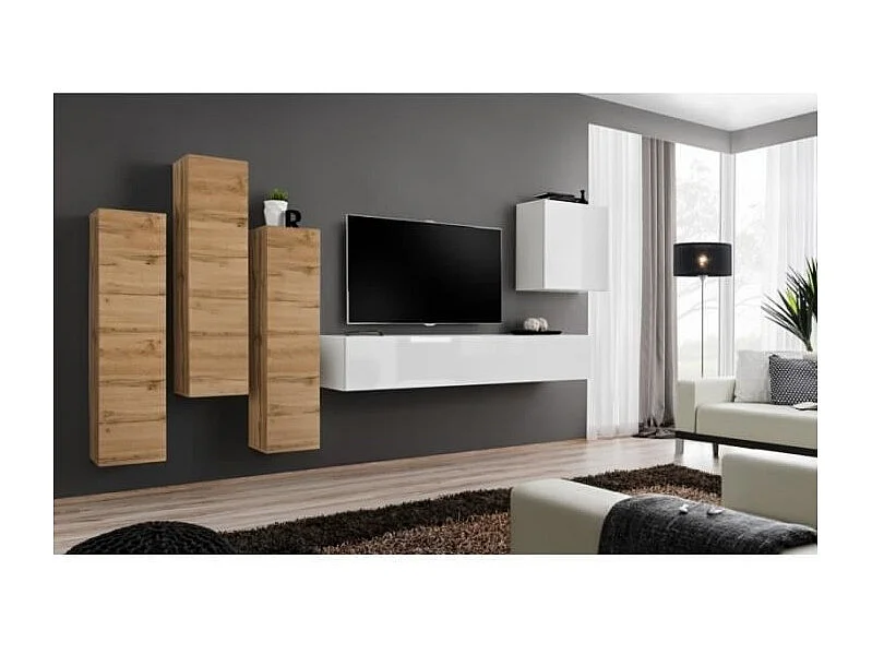 Ensemble de meubles de salon design collection SWITCH III. Coloris chêne wotan et blanc brillant.