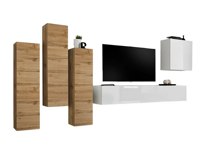 Design-Wohnzimmermöbelset der Kollektion SWITCH III. Farben Wotan-Eiche und Hochglanzweiß.