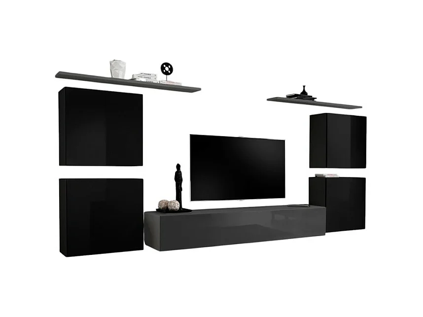 Ensemble meuble salon SWITCH IV design, coloris gris et noir brillant.