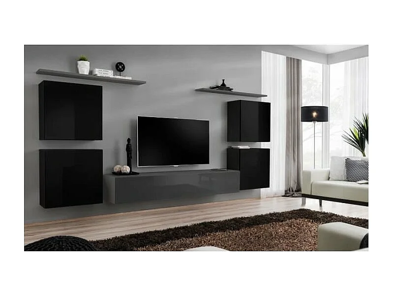 Ensemble meuble salon SWITCH IV design, coloris gris et noir brillant.