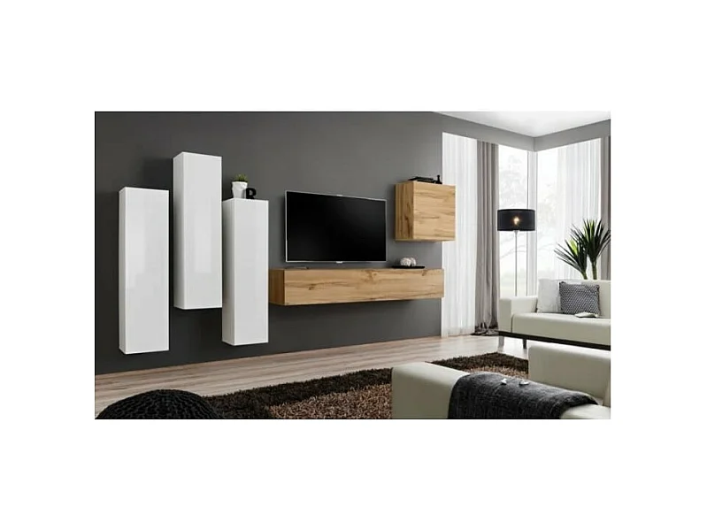 Conjunto de móveis de sala de estar design coleção SWITCH III. Cor branca brilhante e carvalho Wotan.