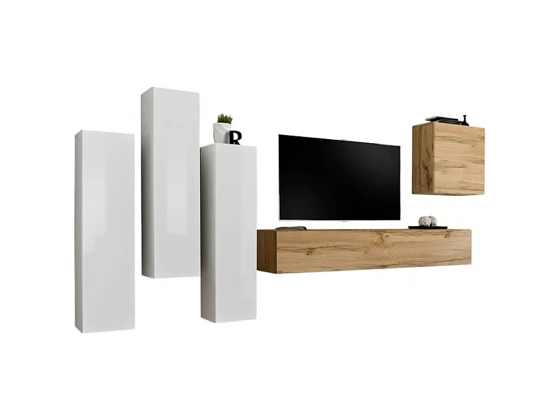 Design woonkamer meubelset uit de SWITCH III collectie. Kleuren in glanzend wit en Wotan eiken.