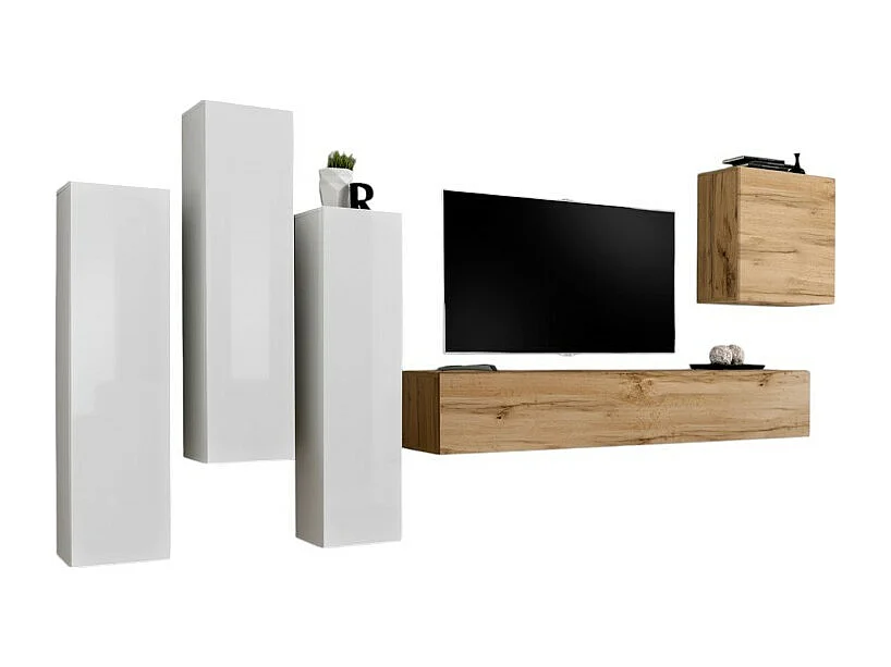 Design woonkamer meubelset uit de SWITCH III collectie. Kleuren in glanzend wit en Wotan eiken.