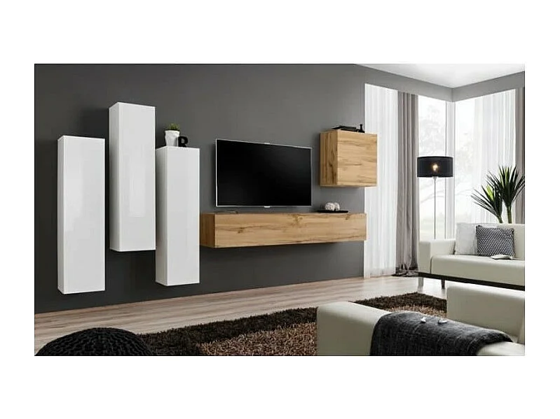 Design woonkamer meubelset uit de SWITCH III collectie. Kleuren in glanzend wit en Wotan eiken.