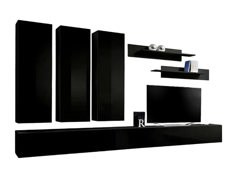 TV-Möbel FLY E1 Design, in glänzendem Schwarz. Modernes und trendiges Hängemöbel für Ihr Wohnzimmer.