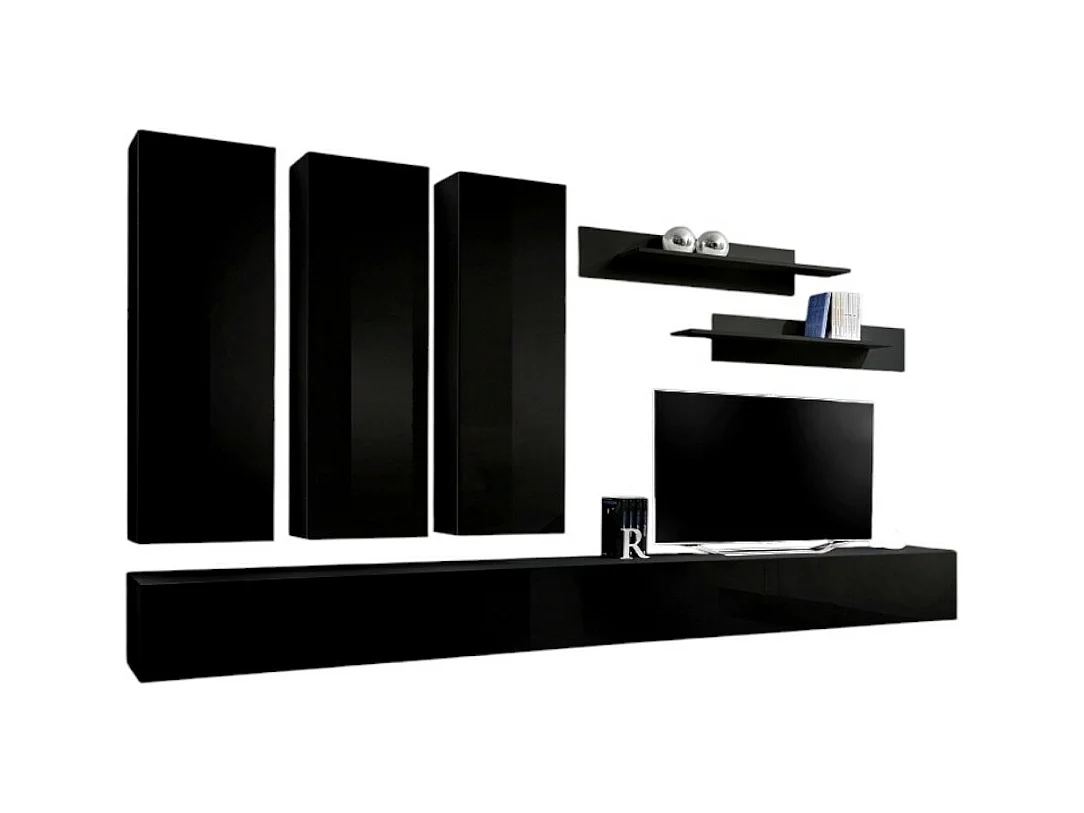 Meuble TV FLY E1 design, coloris noir brillant. Meuble suspendu moderne et tendance pour votre salon.