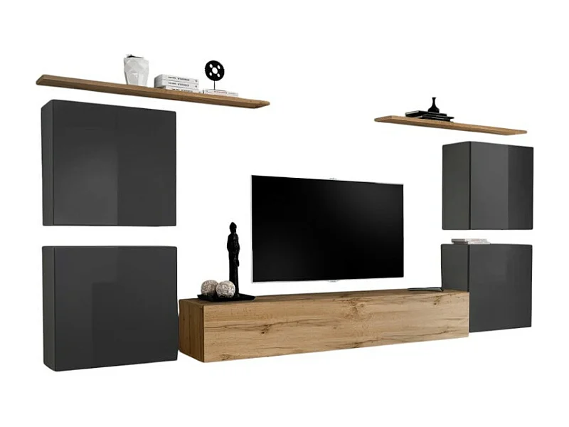 Conjunto de móveis para sala SWITCH IV design, cor carvalho Wotan e cinza brilhante.