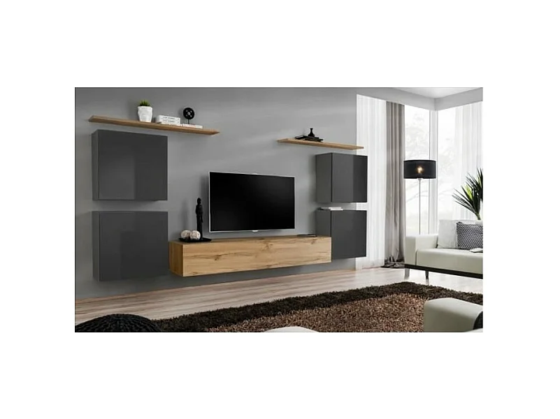 Conjunto de muebles de salón SWITCH IV diseño, color roble Wotan y gris brillante.