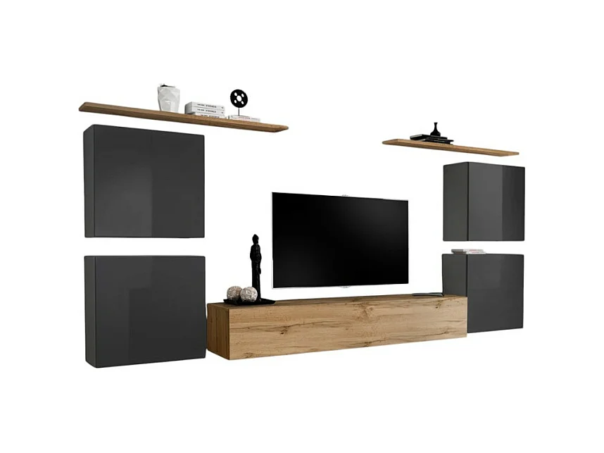 Ensemble meuble salon SWITCH IV design, coloris chêne Wotan et gris brillant .