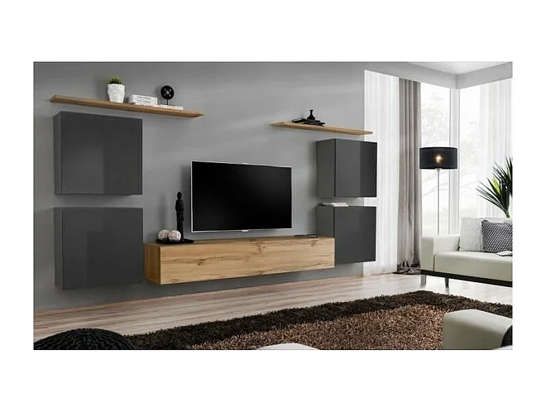 Ensemble meuble salon SWITCH IV design, coloris chêne Wotan et gris brillant .