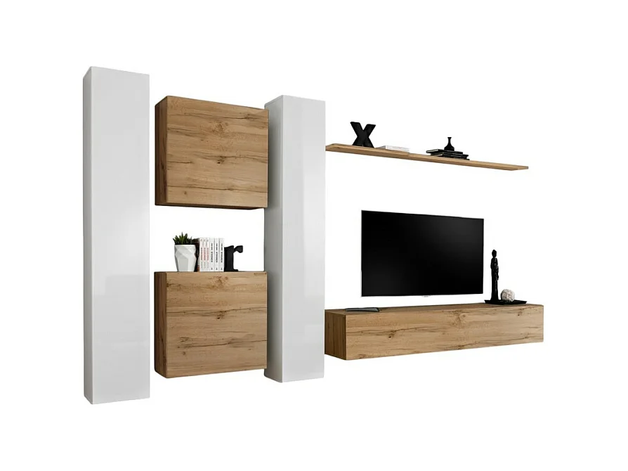 Ensemble meuble salon mural SWITCH VI design, coloris chêne Wotan et blanc brillant.