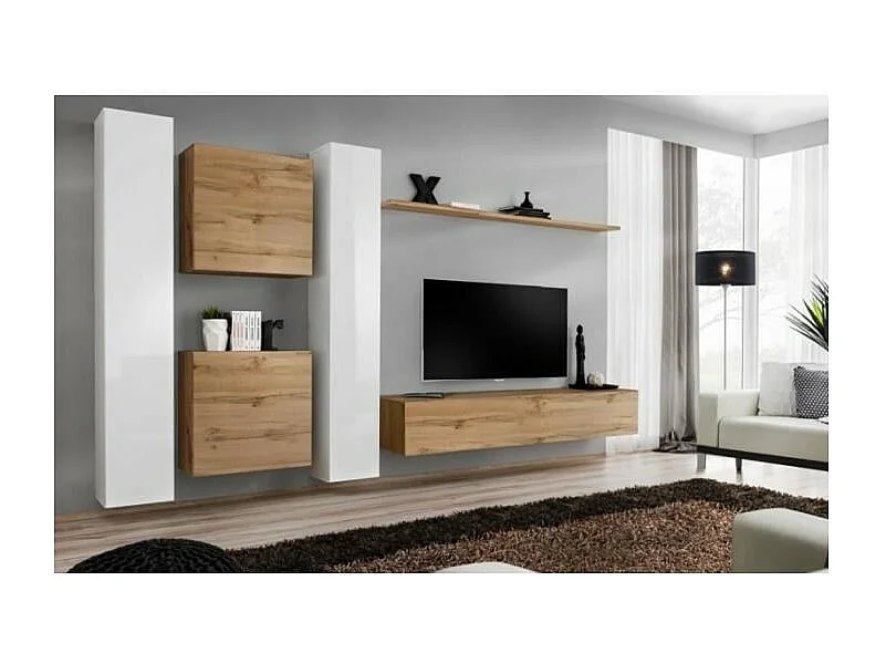 Ensemble meuble salon mural SWITCH VI design, coloris chêne Wotan et blanc brillant.