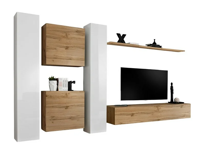 Ensemble meuble salon mural SWITCH VI design, coloris chêne Wotan et blanc brillant.