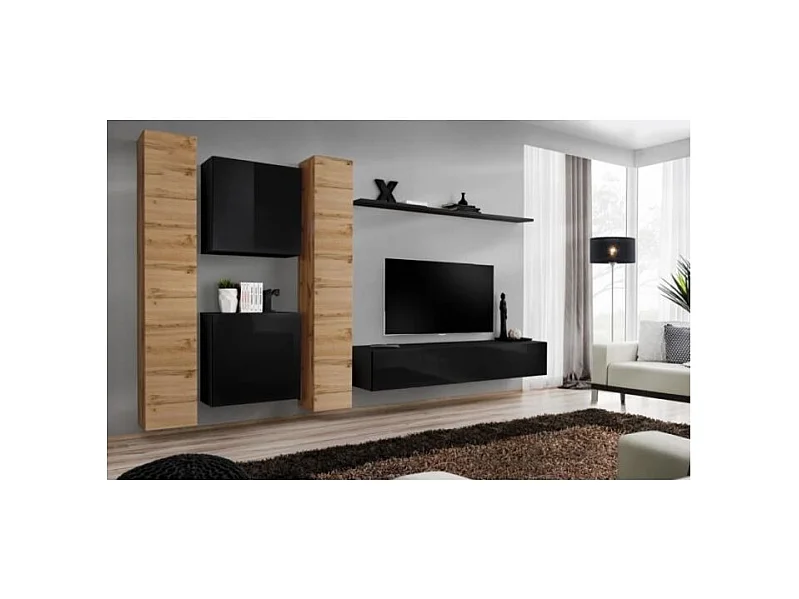 Conjunto de móveis de parede para sala de estar SWITCH VI, design moderno, na cor preto brilhante e carvalho Wotan.