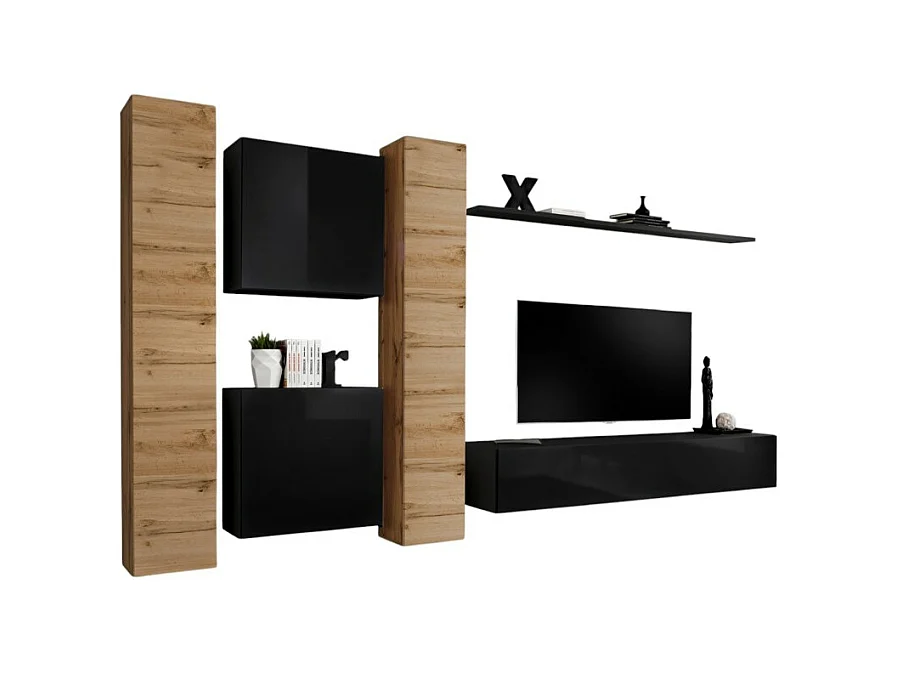 Wandmeubelset voor de woonkamer SWITCH VI design, in glanzend zwart en Wotan eiken kleur.