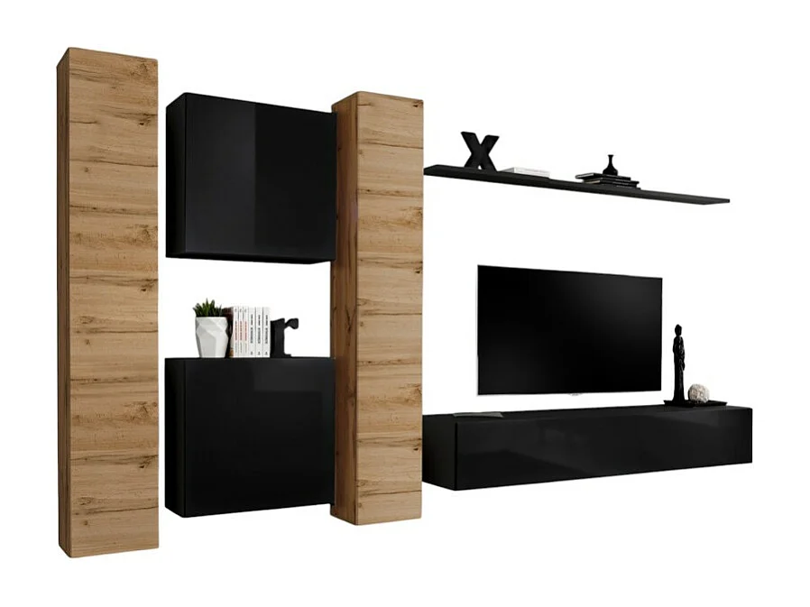Ensemble meuble salon mural SWITCH VI design, coloris noir brillant et chêne Wotan.