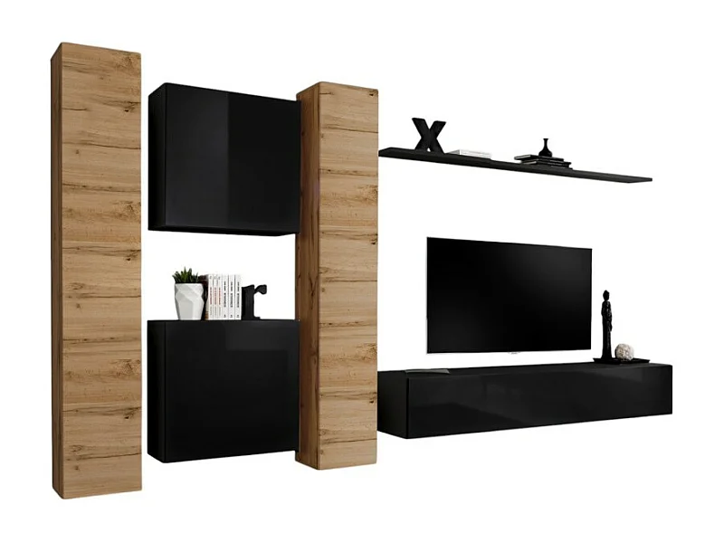 Ensemble meuble salon mural SWITCH VI design, coloris noir brillant et chêne Wotan.
