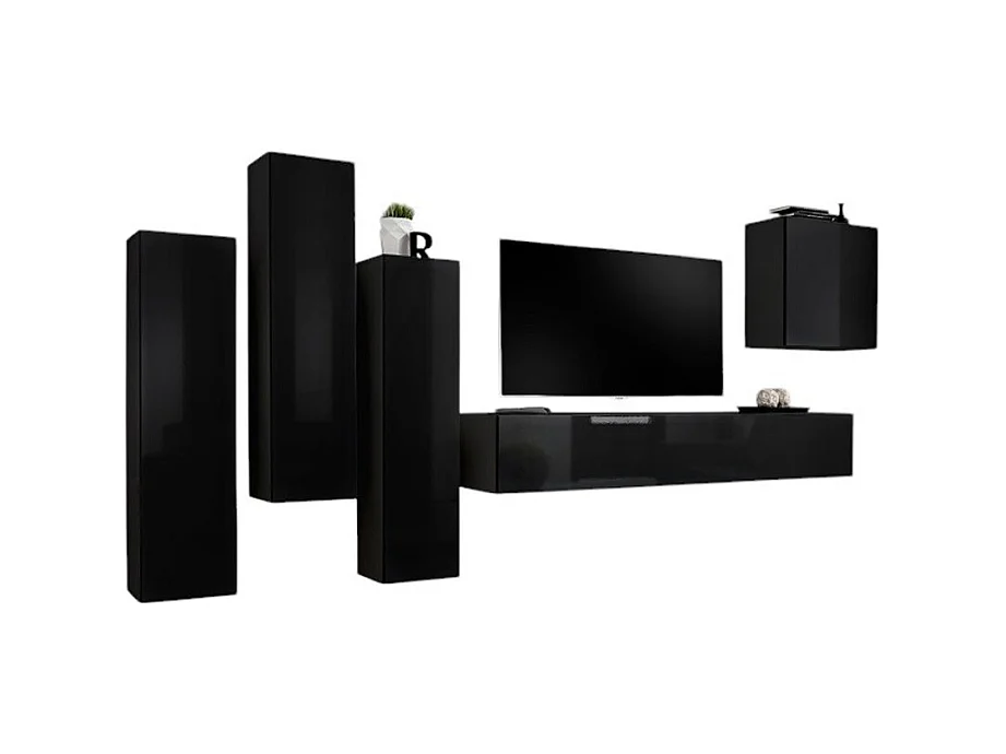 Woonkamerset SWITCH III - Hoogglans Zwart - Design TV-meubel en zwevende opbergkasten