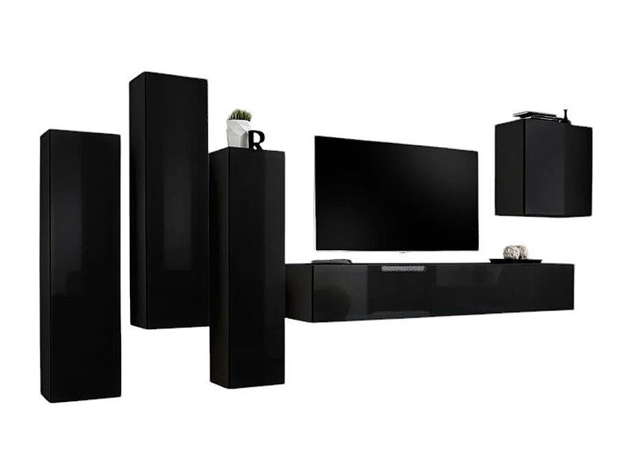 Woonkamerset SWITCH III - Hoogglans Zwart - Design TV-meubel en zwevende opbergkasten